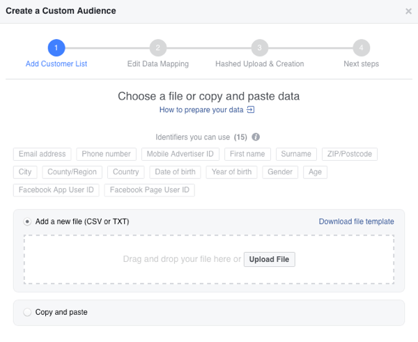 Facebook'ta özel e-posta hedef kitlenizi oluşturmak için e-posta listenizi bir CSV dosyası olarak yükleyin.