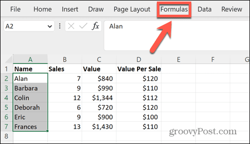 excel formülleri menüsü