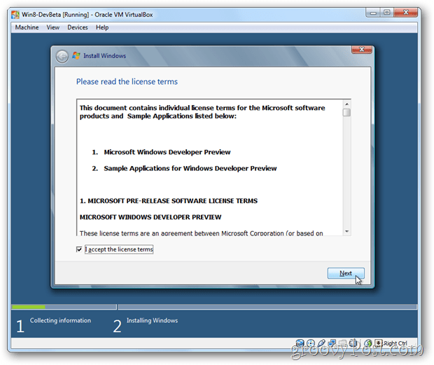 VirtualBox Windows 8 eula lisansını kabul et