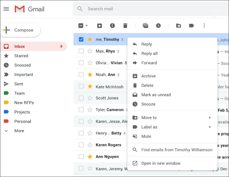 Gmail Sağ Tıklama Bağlam Menüsü
