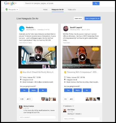 Google + canlı Hangouts sekmesi