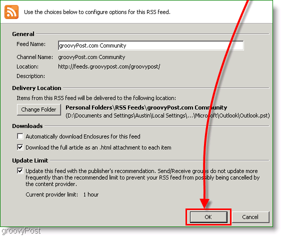 Ekran görüntüsü Microsoft Outlook 2007 RSS Feed Değişikliklerini Kaydet
