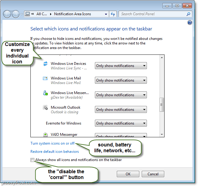 windows 7 sistem tepsisi bildirimlerini özelleştirme kontrol paneli