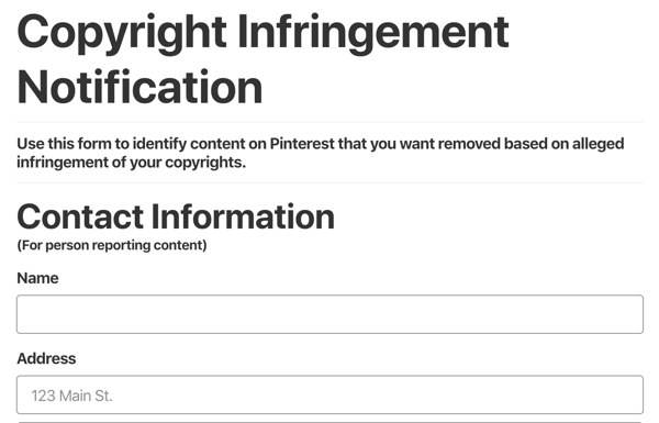 pinterest telif hakkı ihlali bildirim formu