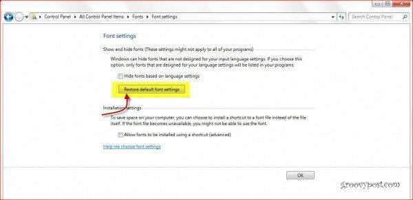 Windows 7 yazı tiplerini varsayılan ayarlara geri yükleme