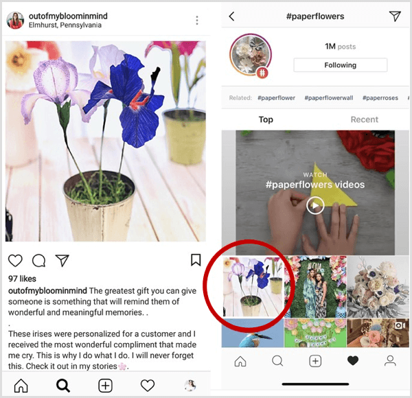 Belirli bir hashtag için arama sonuçlarında ilk olarak gösterilen Instagram yayını örneği
