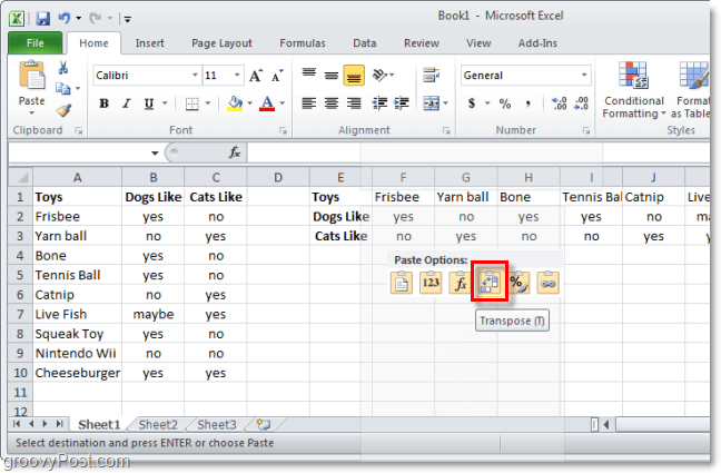 transpoze kullanarak excel'e yapıştır