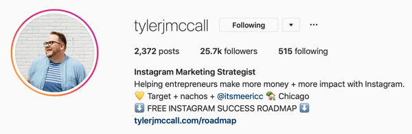 @Tylerjmccall tarafından hazırlanan Instagram İşletme profili fotoğrafı ve biyografi bilgisi örneği.