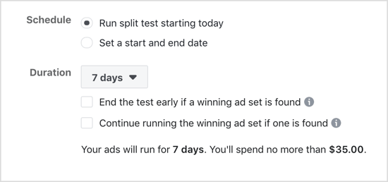 Facebook split testi için Bugün Başlayarak Bölünmüş Testi Çalıştır seçeneğini seçin.
