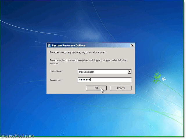 Windows 7 sistem kurtarma için kullanıcı adınızı ve şifrenizi girin
