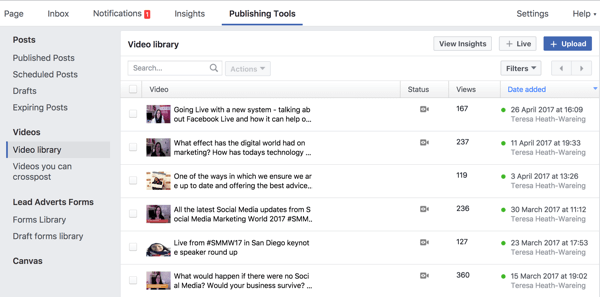 Tüm Facebook video kitaplığınıza Yayınlama Araçları altında erişebilirsiniz.