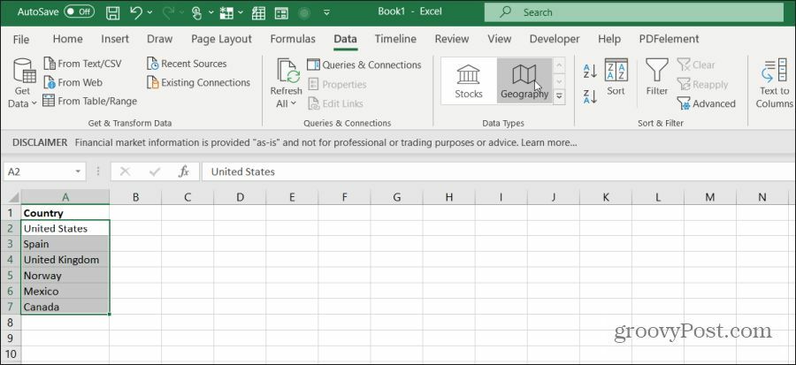 Excel'deki ülkeleri seçin