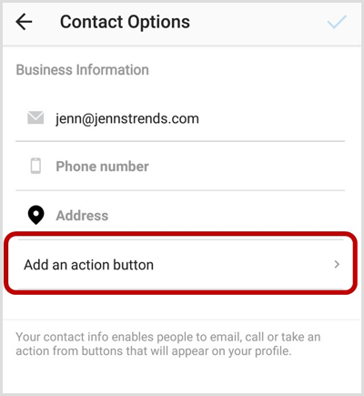 Instagram İletişim Seçenekleri ekranında bir Eylem Düğmesi seçeneği ekleyin