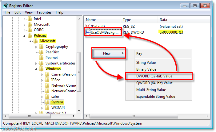windows 7 kayıt defteri anahtarına göz at HKEY_LOCAL_MACHINESOFTWAREPoliciesMicrosoftWindowsSystem