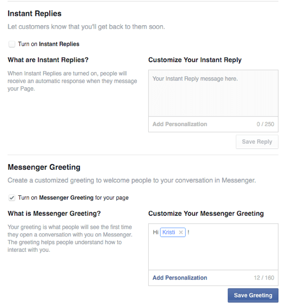 facebook anında cevaplar ve selamlar için seçenekler