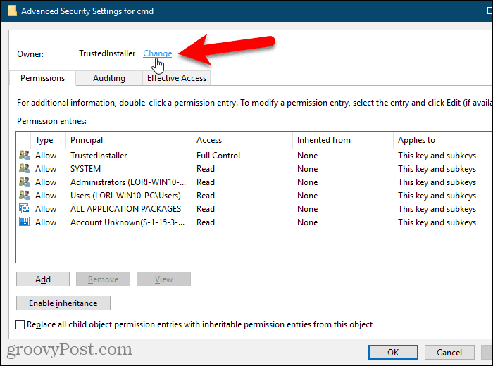 Windows Kayıt Defteri'nde bir anahtarın Sahibi için Değiştir bağlantısını tıklayın