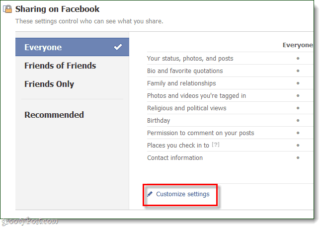 facebook'ta paylaşımın altında ayarları özelleştir'i tıklayın