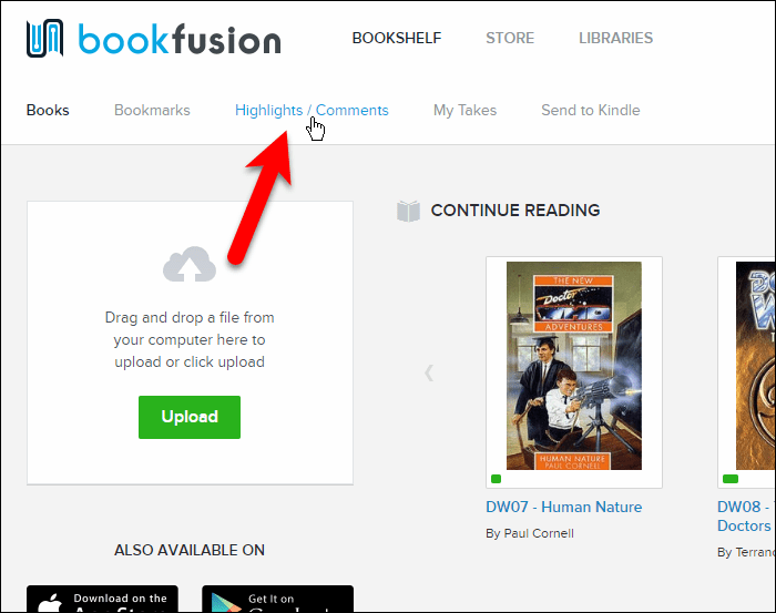 BookFusion web arayüzünde Öne Çıkanlar / Yorumlar'ı tıklayın