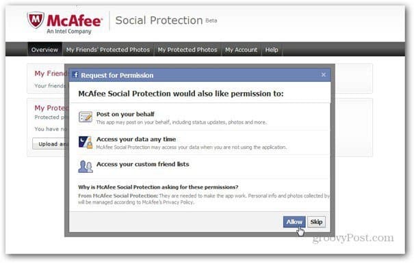 mcaffee sosyal koruma izinleri facebook