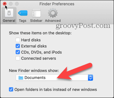 Mac'inizdeki Finder Tercihleri'nde Yeni Bulucu pencereleri göster açılır listesini tıklayın