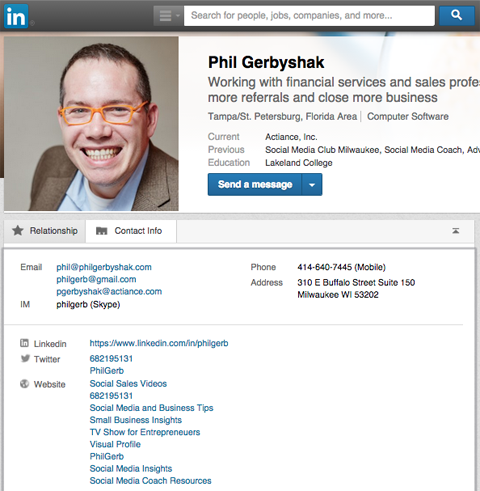 phil gerbyshak LinkedIn iletişim sekmesi