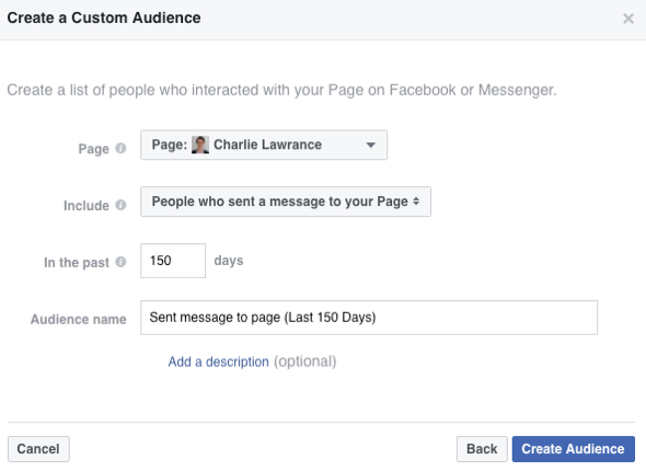 Facebook sayfanıza mesaj gönderen kişilerden oluşan bir kitle oluşturma seçeneğini seçin.