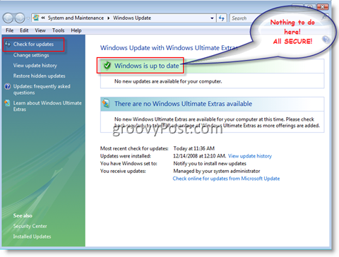Windows Vista için Windows Update Menüsü