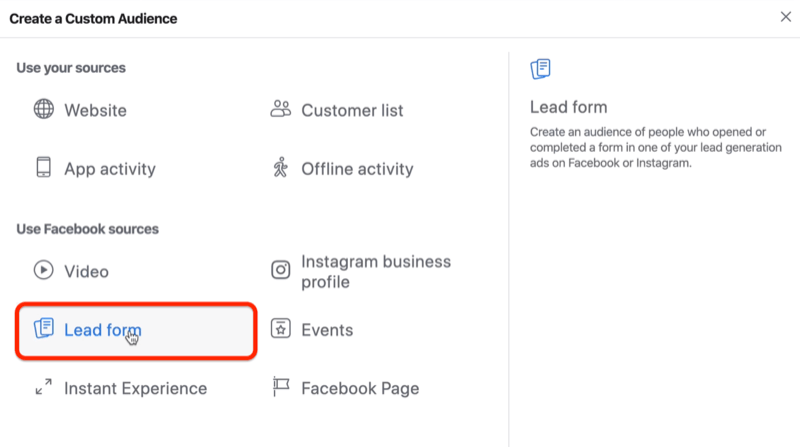 Facebook özel kitlesi için Potansiyel Müşteri Formu seçeneği