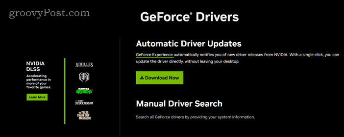 NVIDIA grafik sürücüleri için indirme sayfası
