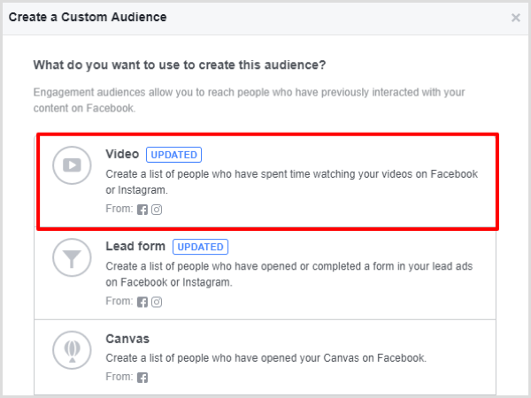 Facebook özel kitleniz için Video etkileşimi seçeneğini seçin.