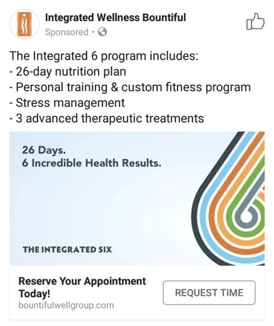 Sonuç veren Facebook reklam teknikleri, örneğin Integrated Wellness Bountiful teklif randevu zamanları