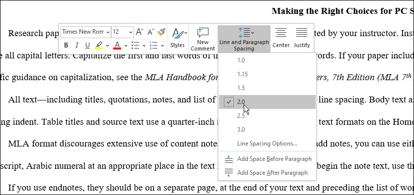 Microsoft Word'de boşluk kullanımı mla biçimi