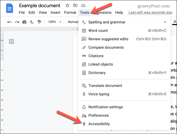 Google Dokümanlar erişilebilirlik menüsünü açın