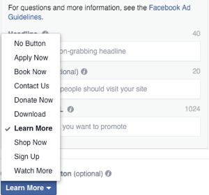 facebook atlıkarınca reklamı resim harekete geçirici mesaj düğmesi seçimi