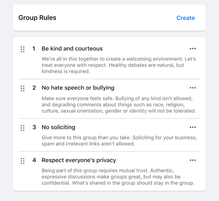 Nazik olma, nefret söylemi, talep etmeme vb. gibi bir facebook grubu için belirlenmiş kurallara örnek