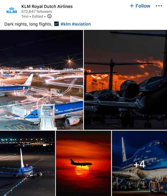 Birden fazla fotoğraf için KLM LinkedIn sayfası gönderisi