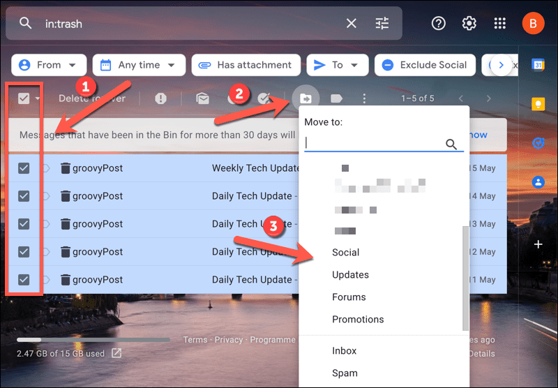 E-postaları Gmail çöp kutusu klasörünün dışına taşıma