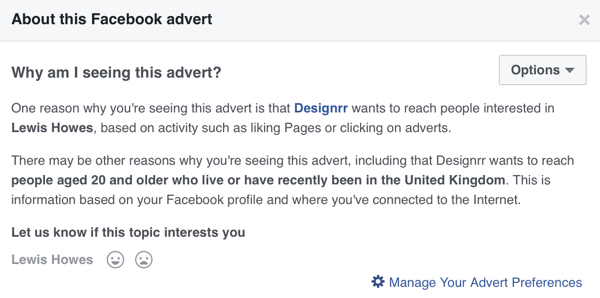 Facebook, bir Facebook reklamı için ayrıntılı hedefleme bilgileri gösterecektir.