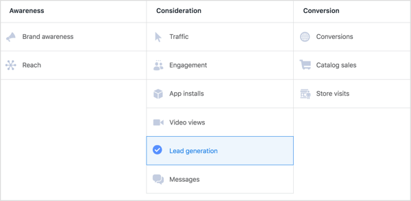 Facebook kampanyanızın hedefi olarak Lead Generation'ı seçin.