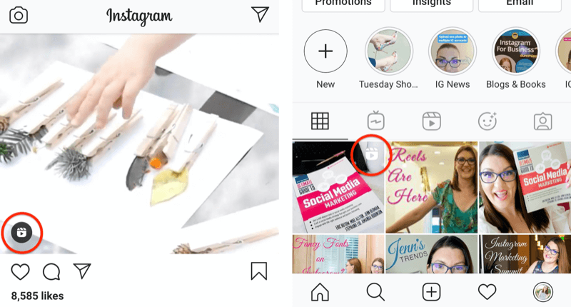 Bir profil ızgarası karesinde bir besleme gönderisinde gösterilen instagram makaraları simgesi