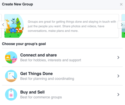 Topluluk oluşturmaya odaklanan bir Facebook grubu oluşturmak için Bağlan ve Paylaş'ı seçin.