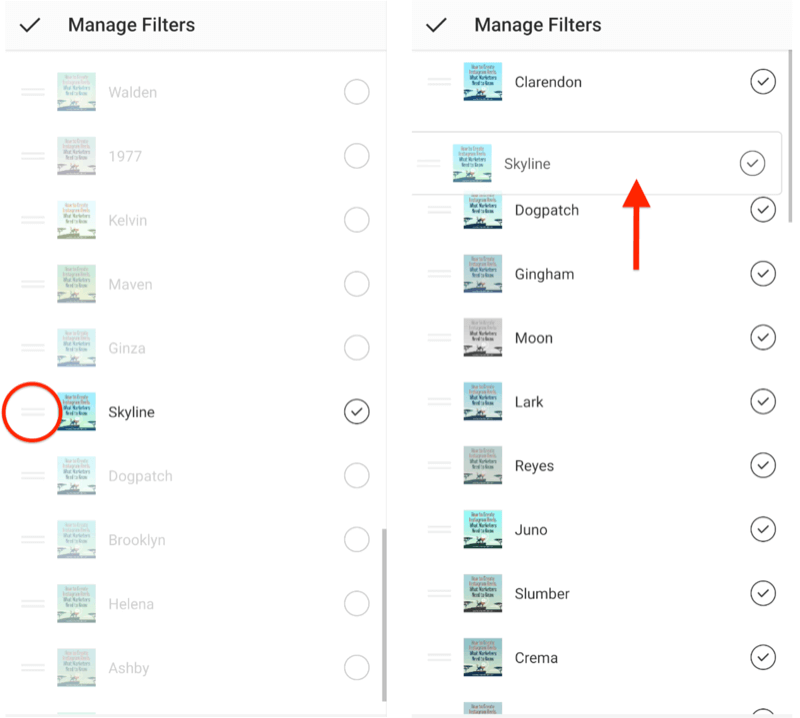 instagram filtrelerini yönetin, filtrelerin yanında çift yatay seçim çubuklarını gösteren menü seçeneklerini yönetin yeniden sıralanacak ve ufuk filtresinin filtre seçiminin üstüne sürüklendiğini gösteren liste