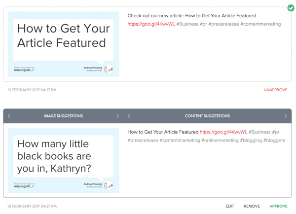 MissingLettr, blog gönderiniz hakkında tweet'ler oluşturduktan sonra, tüm tweet'leri beğeninize göre düzenleyebilirsiniz.