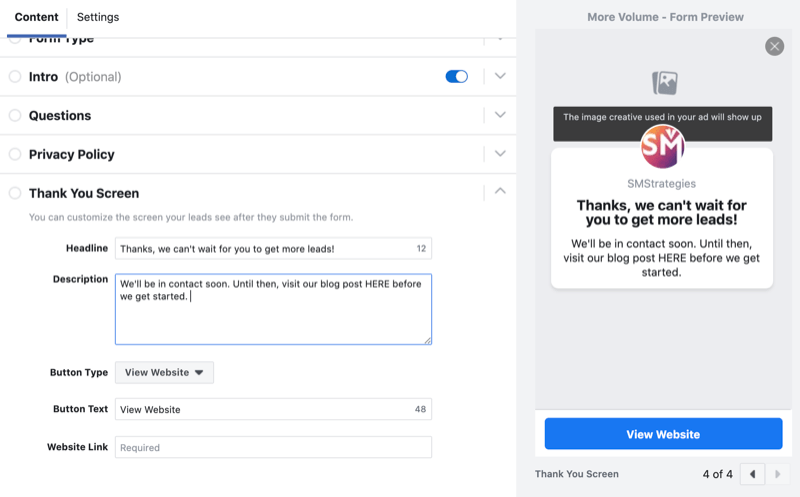 Facebook müşteri adayı oluşturma formu için teşekkür ekranını ayarlayın