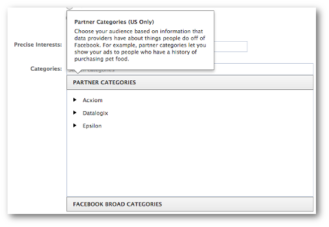 facebook geniş ortak kategorileri