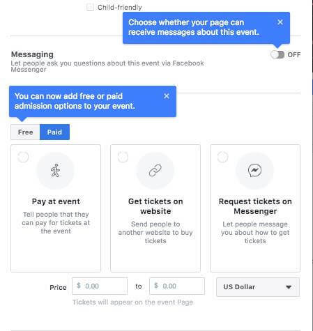 Facebook, insanların Facebook Messenger aracılığıyla soru sormasına izin verme seçeneğini test ediyor gibi görünüyor. veya bir etkinlik için ücretli giriş seçeneği ve bir Facebook Etkinliği ayarlarken bir bilet fiyatı aralığı belirleyin Sayfa.