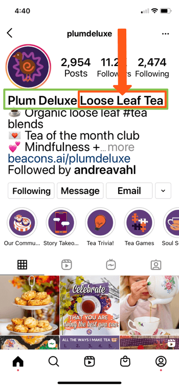 @splumdeluxe için örnek instagram profili, sayfalarının biyografisinde "plum deluxe" ve "gevşek yapraklı çay" anahtar kelimelerini göstererek arama sonuçlarında iyi görünmelerini sağlar