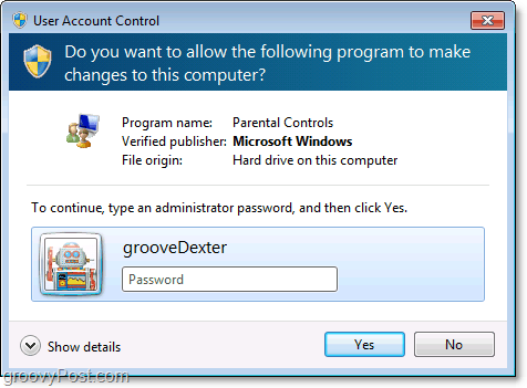 yönetici parolası girerek Windows 7'de ebeveyn denetimi kısıtlamasını geçersiz kılabilirsiniz