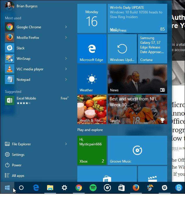 Windows 10 Üç sütun başlat