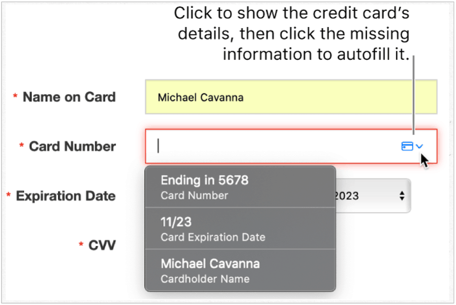 iCloud Anahtarlık kredi kartı